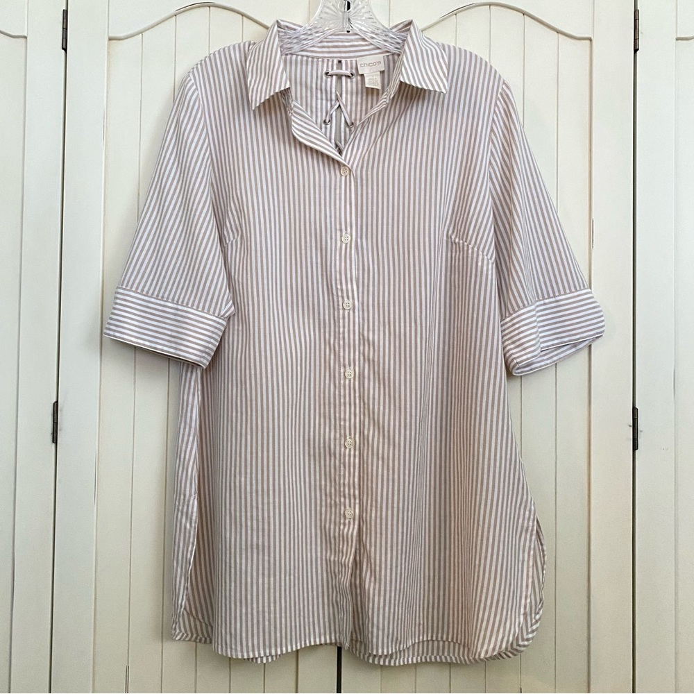 Chico’s Short Sleeve Blouse Lace Up Back Tan White Stripe Button Front Size 1